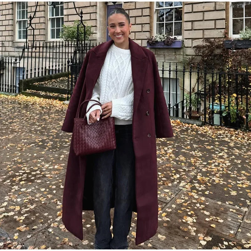 Moda bordeaux risvolto donna misto lana cappotto lungo doppio petto allentato casual autunno nuovo capispalla High Street