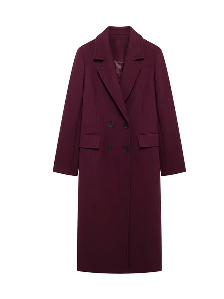 Moda bordeaux risvolto donna misto lana cappotto lungo doppio petto allentato casual autunno nuovo capispalla High Street