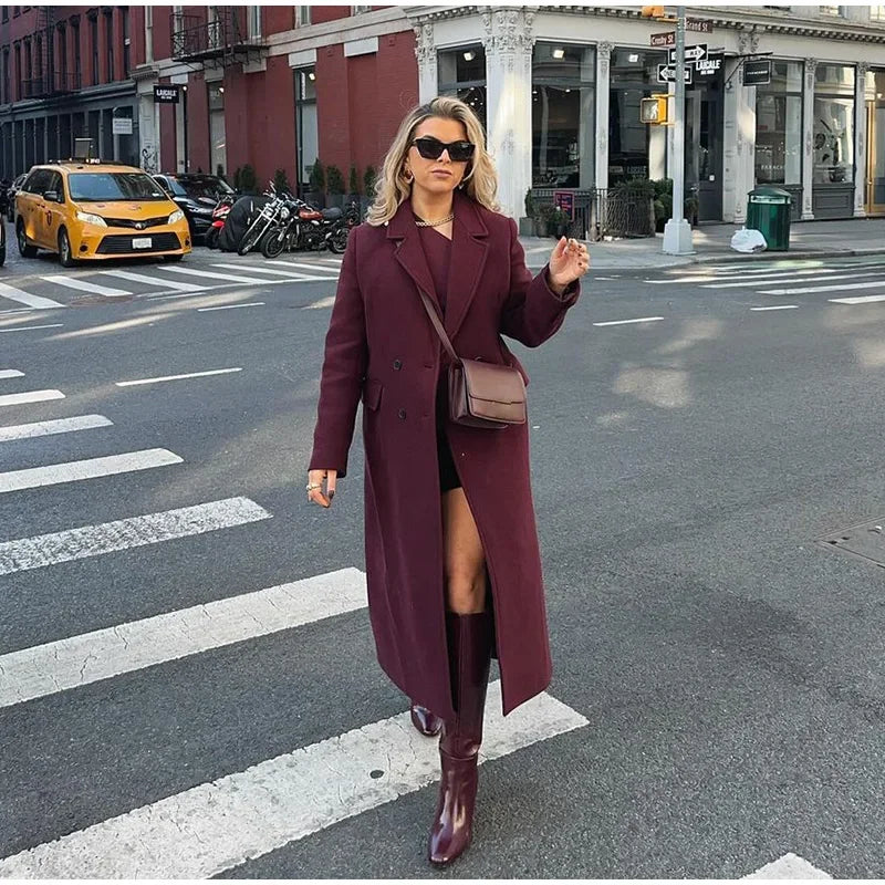 Moda bordeaux risvolto donna misto lana cappotto lungo doppio petto allentato casual autunno nuovo capispalla High Street