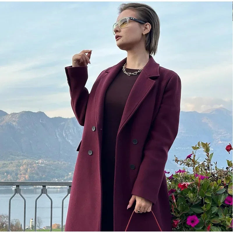 Moda bordeaux risvolto donna misto lana cappotto lungo doppio petto allentato casual autunno nuovo capispalla High Street