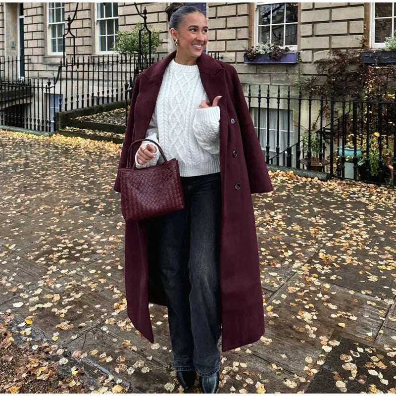 Moda bordeaux risvolto donna misto lana cappotto lungo doppio petto allentato casual autunno nuovo capispalla High Street