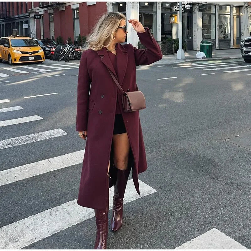 Moda bordeaux risvolto donna misto lana cappotto lungo doppio petto allentato casual autunno nuovo capispalla High Street
