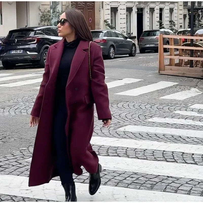 Moda bordeaux risvolto donna misto lana cappotto lungo doppio petto allentato casual autunno nuovo capispalla High Street