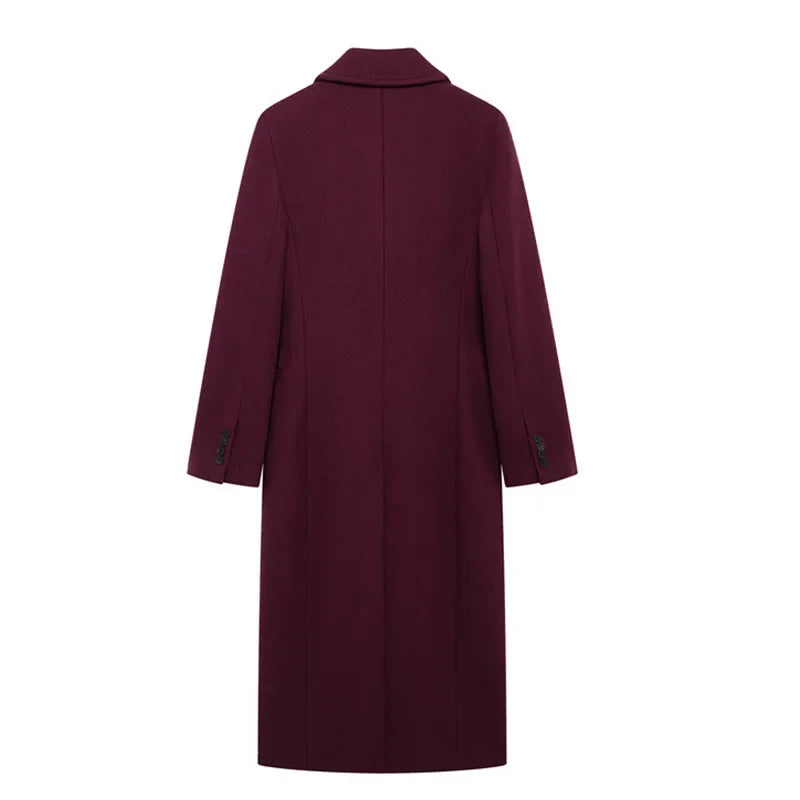 Moda bordeaux risvolto donna misto lana cappotto lungo doppio petto allentato casual autunno nuovo capispalla High Street