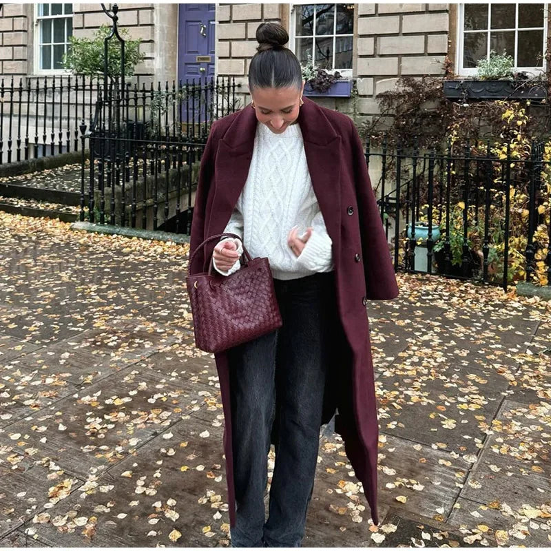 Moda bordeaux risvolto donna misto lana cappotto lungo doppio petto allentato casual autunno nuovo capispalla High Street