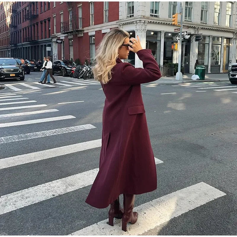 Moda bordeaux risvolto donna misto lana cappotto lungo doppio petto allentato casual autunno nuovo capispalla High Street