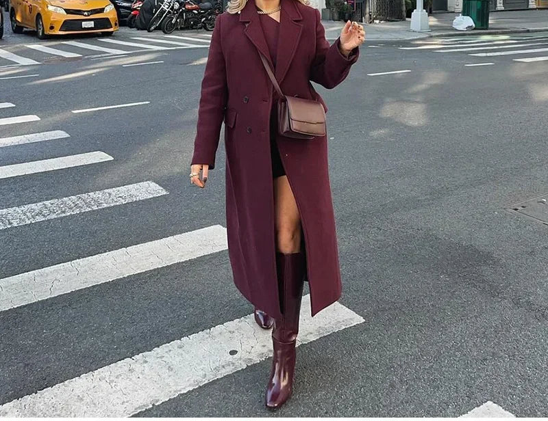 Moda bordeaux risvolto donna misto lana cappotto lungo doppio petto allentato casual autunno nuovo capispalla High Street