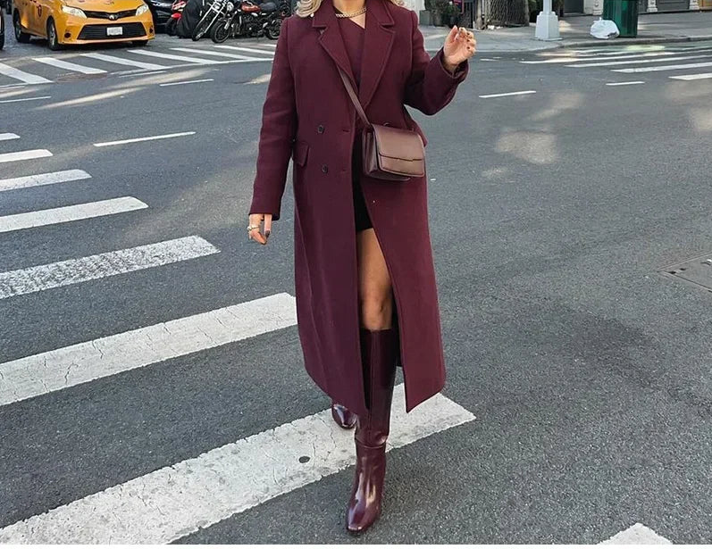 Moda bordeaux risvolto donna misto lana cappotto lungo doppio petto allentato casual autunno nuovo capispalla High Street