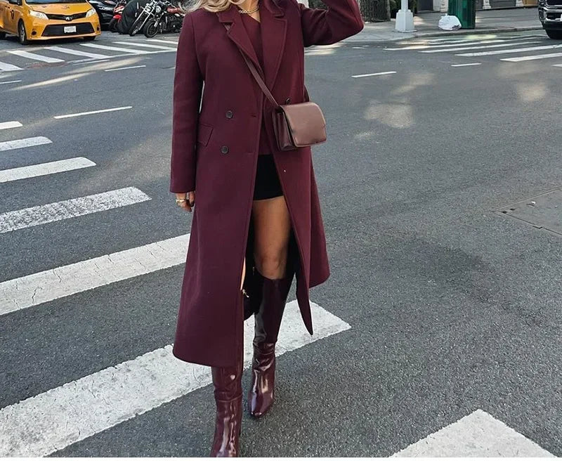 Moda bordeaux risvolto donna misto lana cappotto lungo doppio petto allentato casual autunno nuovo capispalla High Street