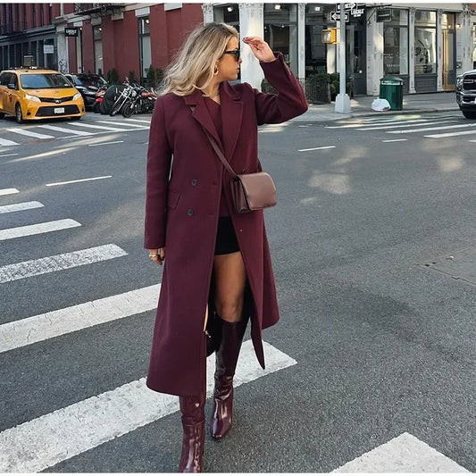 Moda bordeaux risvolto donna misto lana cappotto lungo doppio petto allentato casual autunno nuovo capispalla High Street