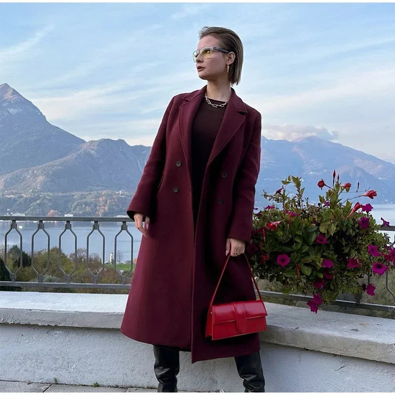 Moda bordeaux risvolto donna misto lana cappotto lungo doppio petto allentato casual autunno nuovo capispalla High Street