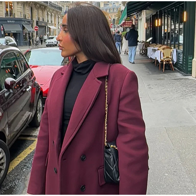 Moda bordeaux risvolto donna misto lana cappotto lungo doppio petto allentato casual autunno nuovo capispalla High Street